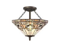 Johanna Large 3 Light Semi-Flush Ceiling Light - Aged Antique Brass with White, Grey, Black and Clear Crystal Tiffany Glass Uplighter Shade