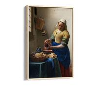 Johannes Vermeer The Milkmaid Baroque Canvas Floater Frame Print Picture Art - Light Oak Frame 16 inch wide x 24 inch high