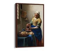 Johannes Vermeer The Milkmaid Baroque Canvas Floater Frame Print Picture Art - Walnut Frame 16 inch wide x 24 inch high