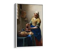 Johannes Vermeer The Milkmaid Baroque Canvas Floater Frame Print Picture Art - White Frame 24 inch wide x 36 inch high