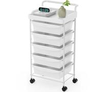 johgee 5 Drawers Plastic Storage Cart, Rolling Trolley on Wheels, Multipurpose Mobile Organizer with Lockable Wheels for Living Room, Bedroom, Office, White