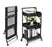 johgee Foldable 3 Tier Metal Utility Rolling Cart, Folding Mobile Multi-Function Storage Trolley Organizer Cart for Home Library Office(Foldable-Black)