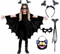 Johiux Bat Costume Children's Set with Cape, Mask & Bat Candy Bag, Magic Wand, Headband, Fancy Dress for Halloween, Children's Party Batman Costume for Boys and Girls 3-10 Years