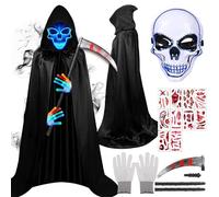 Johiux Halloween Costume Men's Luminous Grim Reaper Cape Costume with LED Scary Mask Glowing Gloves and Scythe, Scary Adult Costumes for Halloween, Carnival Cosplay (A)