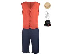 JOHLCR Anime One Piece Monkey D. Luffy Cosplay Costume with Necklace and Bag Halloween Carnival Party Dress Up Props Outfits for Adults Gift for Manga Lovers for Stage Play, Anime Expo,Red,XL