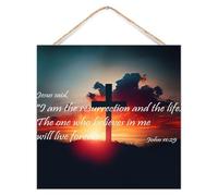 John 11:25 Jesus Said' to HerI Am The Resurrection And The Life Wood Sign Plaque Wall Art Motto Decor Modern Bible Verse Quote Signs Retro Wooden Signs for Dinning Room Shelf Cottage 12x12in