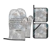 John 16 33 Oven Gloves and Pot Holder 4-Piece Set, High Heat and 500 Degree Thickness, Suitable for Grilling and Microwave Ovens