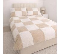 John Aird Teddy Fleece Patterned Square Check Duvet Cover Quilt Bedding Set With Pillow Case (Cream/White, Single)