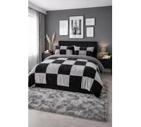 John Aird Teddy Fleece Patterned Square Check Duvet Cover Quilt Bedding Set With Pillow Cases (Black/Grey, King)
