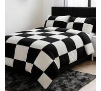 John Aird Teddy Fleece Patterned Square Check Duvet Cover Quilt Bedding Set With Pillow Cases (Black/White, King)