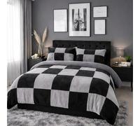 John Aird Teddy Fleece Patterned Square Check Duvet Cover Quilt Bedding Set With Pillow Cases (Black/Grey, Super King)