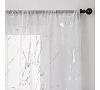 John Aird Voile Curtains - Slot Top - Silver Foil Printed Marble Design - White Linen Effect Voile (52" Wide x 36" Drop)