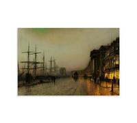 John Atkinson Grimshaw 1887 Canny Glasgow Victorian Wall Art Poster - Nautical Cityscape with Illuminated Buildings And Ships Canvas Wall Art Picture Prints Hanging Photo Gift Idea Decor Homes Artwork