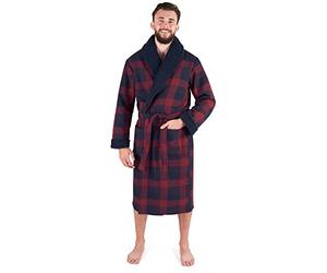 John Christian Men's Bonded Fleece Robe, Wine and Navy Check