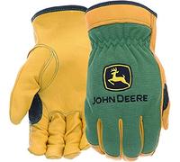 John Deere West Chester JD00008 Top Grain Deerskin Leather Driver Gloves - [1 Pair] X-Large, Spandex Back, Shirred Elastic, Slip-On Cuff, Keystone Thumb, tan/green, JD00008-XL