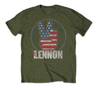 John Lennon Men's Peace Fingers US Flag T-Shirt, Green (Military Green Military Green), Large (Size:Large)
