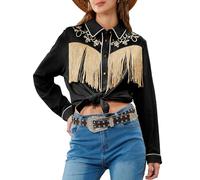 JOHN MOON Women's Embroidered Western Buttons Down Shirts JM-S005, Black, S