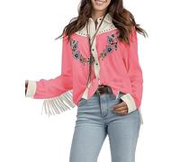 JOHN MOON Women's Embroidered Western Long Sleeve Buttons Down Shirts Collared Retro Casual Blouses Shirts, Pink, XXL