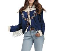JOHN MOON Women's Embroidered Western Long Sleeve Buttons Down Shirts Collared Retro Casual Blouses Shirts, Blue, S