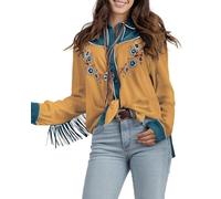 JOHN MOON Women's Embroidered Western Long Sleeve Buttons Down Shirts Collared Retro Casual Blouses Shirts, Yellow, L