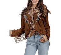 John Moon Women's Embroidered Western Long Sleeve Buttons Down Shirts Collared Retro Casual Blouses Shirts, Coffee, M