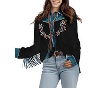 JOHN MOON Women's Embroidered Western Long Sleeve Buttons Down Shirts Collared Retro Casual Blouses Shirts, Black, XXL