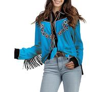 JOHN MOON Women's Embroidered Western Long Sleeve Buttons Down Shirts Collared Retro Casual Blouses Shirts, Turquoise, L