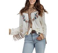 JOHN MOON Women's Embroidered Western Long Sleeve Buttons Down Shirts Collared Retro Casual Blouses Shirts, 01 White, M