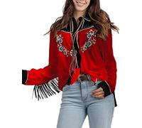 John Moon Women's Embroidered Western Long Sleeve Buttons Down Shirts Collared Retro Casual Blouses Shirts, Red, S
