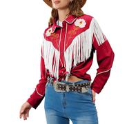 JOHN MOON Women's Floral Embroidered Fringe Western Shirts Rodeo Cowgirl Button Down Blouse Tops Country Style Outfits, Red, S