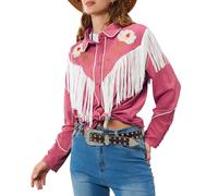 JOHN MOON Women's Floral Embroidered Fringe Western Shirts Rodeo Cowgirl Button Down Blouse Tops Country Style Outfits, Pink, XL