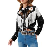 JOHN MOON Women's Floral Embroidered Fringe Western Shirts Rodeo Cowgirl Button Down Blouse Tops Country Style Outfits, Black, XL