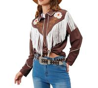 JOHN MOON Women's Floral Embroidered Fringe Western Shirts Rodeo Cowgirl Button Down Blouse Tops Country Style Outfits, Brown, XXL