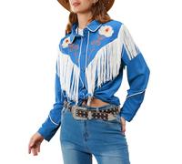 JOHN MOON Women's Floral Embroidered Fringe Western Shirts Rodeo Cowgirl Button Down Blouse Tops Country Style Outfits, Turquoise, M