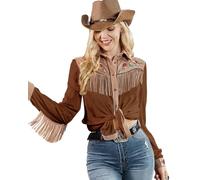 John Moon Womens Fringe Western Long Sleeve Shirts Floral Embroidered Cowgirl Button Down Shacket Blouse Country Rodeo Outfit, Brown, S