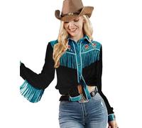 John Moon Womens Fringe Western Long Sleeve Shirts Floral Embroidered Cowgirl Button Down Shacket Blouse Country Rodeo Outfit, Black, L
