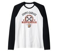John’s Garage Repairs Cold Beer Bad Advice Mechanic Humor Raglan Baseball Tee