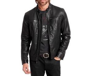 John Varvatos Men's Band Collar Leather Jacket, Black, Large