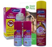 Johnsons 4 Fleas Household Spray 600ml, 4Fleas Fogger 2x100ml & Stelr Guide | Johnsons Household Spray 1x 600ml, Johnsons 4 Fleas Fogger Twin Pack 2 x 100ml, Bundle with Stelr Pets Flea Management Guide