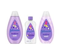 Johnson's Newborn Essentials with Our Bedtime Baby Bath 500ml, Baby Wash 500ml, and Baby Oil 300ml. Our 3-Pack Baby Essentials for Newborn are Expertly Crafted to Induce a Peaceful Slumber.