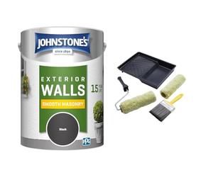 Johnstone's, Exterior Smooth Masonry Paint, Black, Up to 15 Years Protection & ProDec PRRT028 5 piece Twin Masonry Paint Roller, Frame, 4" Brush and Tray Set, Heavy Duty Paint Roller Set