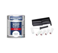 Johnstone's , Quick Dry Gloss Finish, Brilliant White 13m2 Coverage per Litre, 1.25 L & Fit For The Job 7 pc Foam Mini Paint Roller Set for Painting
