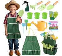 JOI MEW Kids Gardening Tools Set, Garden Toys w/Wooden Handle Alloy Rake,Fork,Trowel, Watering Can,Gloves,Tote Bag,Plant pots, DIY Bookmark Kits, Spring Summer Toy Outdoor Gift for Toddler Boy Girl