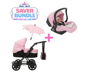 Joie Junior Classic Pram - Joie I-Gemm Dolls Car Seat - Pink & Black Bundle