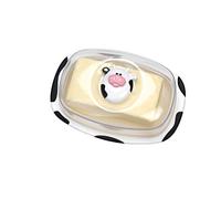 Joie Moo Moo Cow Butter Dish - 1 lb Large Capacity Plastic Butter Holder with Clear Lid, Cute Farmhouse Kitchen Storage Container, White & Black