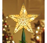 JOIEDOMI 10.5 inch Lighted PVC Glitter Swirl Star Christmas Tree Topper, 10 Warm White Light Golden Tree Topper, Battery Powered for Christmas Tree Decorations Home Holiday Xmas Party Indoor Decor