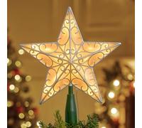 JOIEDOMI 10.5 inch Lighted PVC Glitter Swirl Star Christmas Tree Topper, 10 Warm White Light Silver Tree Topper, Battery Powered for Christmas Tree Decorations Home Holiday Xmas Party Indoor Decor