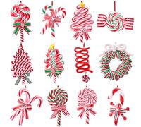 Joiedomi 12 Pcs Christmas Lollipop Ornament with Candy Canes, Trees, Wreaths and Candy Belts Designs for Christmas Tree Decoration, Polymer Clay Ornaments for Party Favor