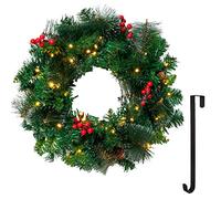 Joiedomi 20” Artificial Christmas Wreath Prelit with 15” Hanger, Decorated with 50 LED Lights, Red Berries, Pine Cones Glitter Pine Needles for Front Door Wall Christmas Decorations (Battery Operated)