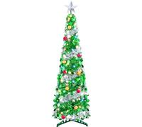 JOIEDOMI 5 FT Pop Up Christmas Green Tree with Lights, Collapsible Tinsel Christmas Tree Decorations with 50 Multicolor LED Lights and Ball Ornaments for Home Holiday Party Indoor Decor